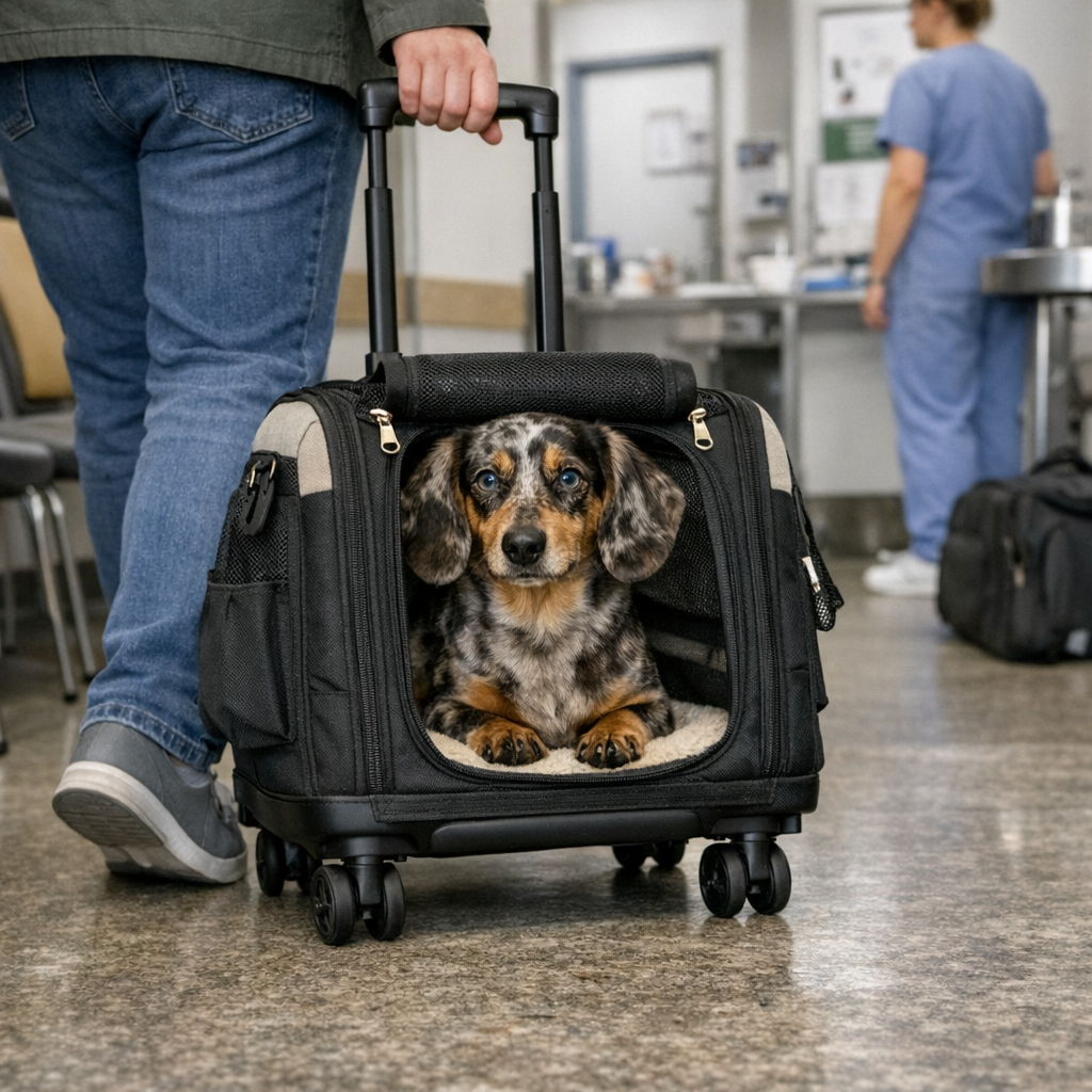 perro viajando en transportin con ruedas para viaje