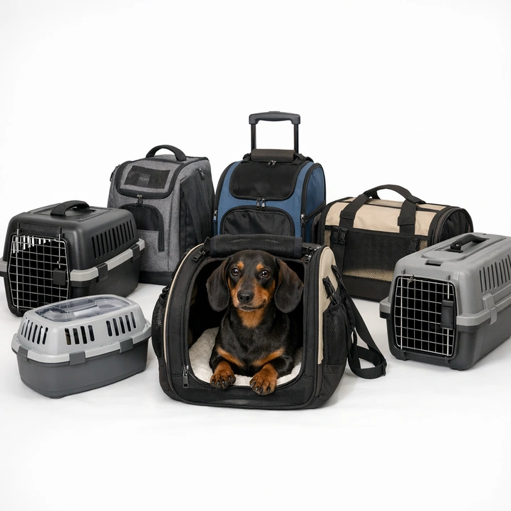 teckel con diferentes tipos de transportin